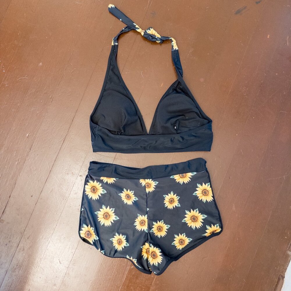 Black Sunflower Bikini Set Halter Top High Waist Swim Shorts Two Piece - Picture 3 of 3